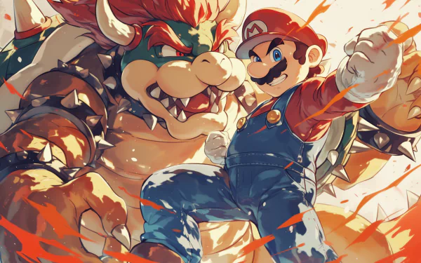 HD desktop wallpaper featuring Mario and Bowser in an intense standoff, with dynamic, vivid colors and action lines.
