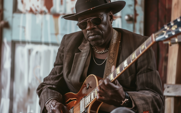HD wallpaper of a blues musician playing electric guitar, exuding coolness with a stylish black hat and sunglasses, perfect for music-lovers' desktop background.