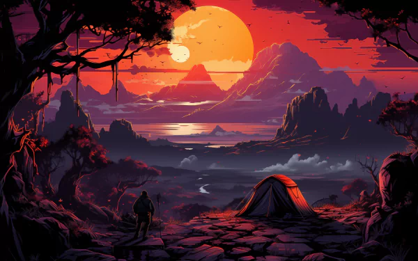HD desktop wallpaper featuring an idyllic landscape with a tent, set against a vivid sunset with mountains and a hiker in silhouette.