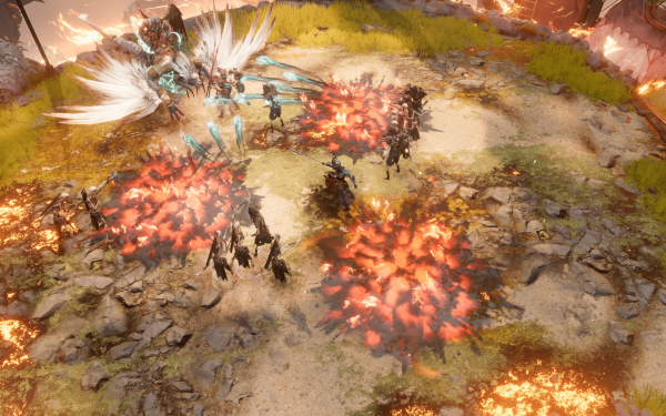 HD desktop wallpaper of a battle scene from the video game Last Epoch, featuring characters engaged in magical combat on a fiery battlefield.