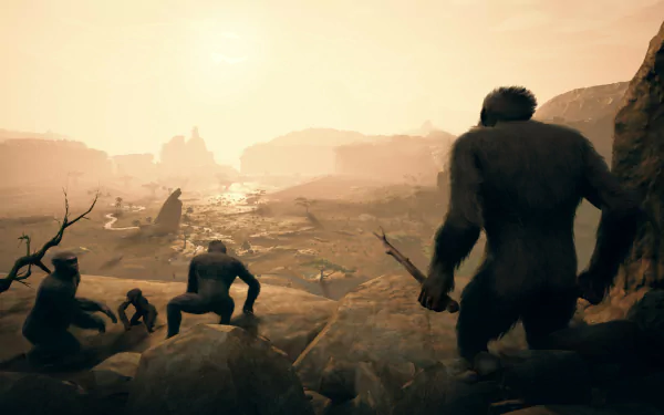 HD wallpaper featuring Ancestors: The Humankind Odyssey video game, with primates exploring a prehistoric landscape at sunset.