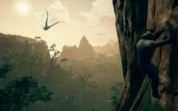 HD wallpaper featuring a scene from Ancestors: The Humankind Odyssey, showcasing a prehistoric primate climbing a cliff with a lush jungle and flying reptile in the background.