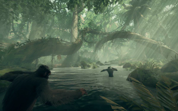 HD desktop wallpaper showcasing a scene from Ancestors: The Humankind Odyssey video game with a primate exploring a lush jungle environment with a river.