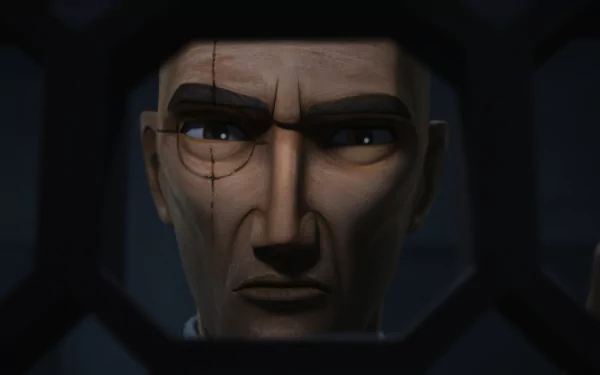 Close-up of a character from the TV show Star Wars: The Bad Batch, showcasing intense facial features and a determined expression, set against a dark background. HD wallpaper.