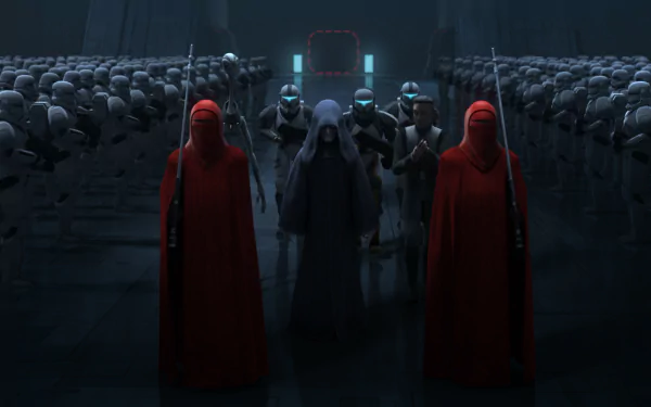 A dramatic scene from *Star Wars: The Bad Batch*, featuring ominous figures in red cloaks amidst a lineup of stormtroopers, set against a dark, atmospheric background. HD wallpaper.