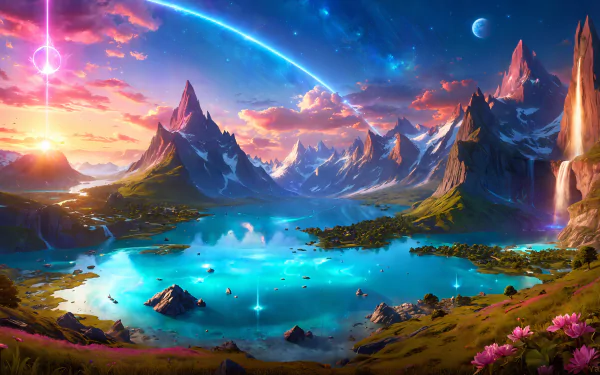 A stunning 4K Ultra HD fantasy landscape featuring a vibrant mountain range surrounding a glowing lake under a colorful sky with celestial elements.
