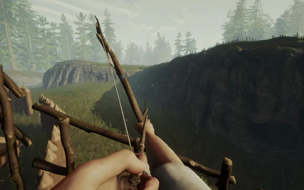 HD desktop wallpaper featuring a first-person view of a player holding a bow in the video game Sons of the Forest with a lush forest landscape in the background.