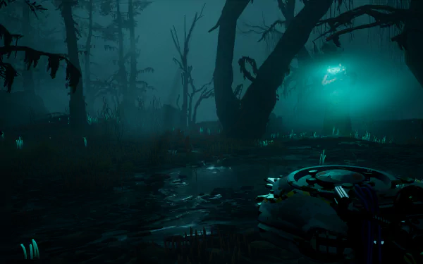 HD wallpaper of a mystical forest scene from the video game Pacific Drive, featuring eerie blue lighting and futuristic elements for desktop background.