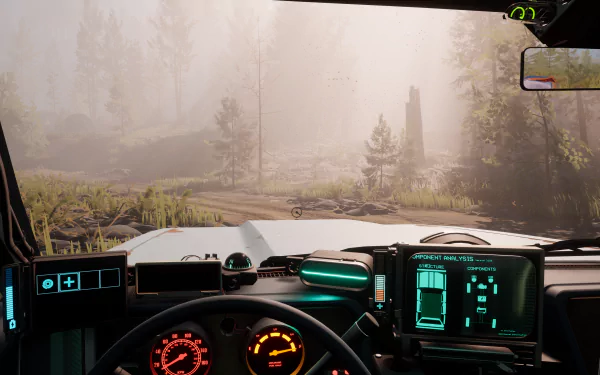HD desktop wallpaper featuring the interior view from a vehicle in the video game Pacific Drive with scenic forest background.