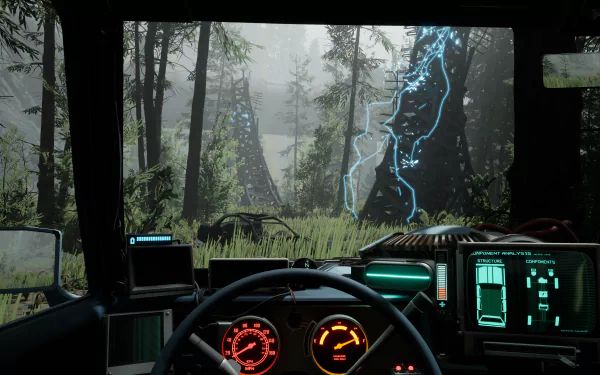 HD wallpaper of Pacific Drive video game featuring a first-person view from inside a vehicle with high-tech dashboard, set in a mysterious forest environment.