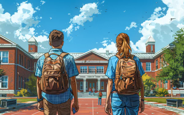 Two high school students with backpacks standing in front of a school building, depicted in a vibrant HD desktop wallpaper.