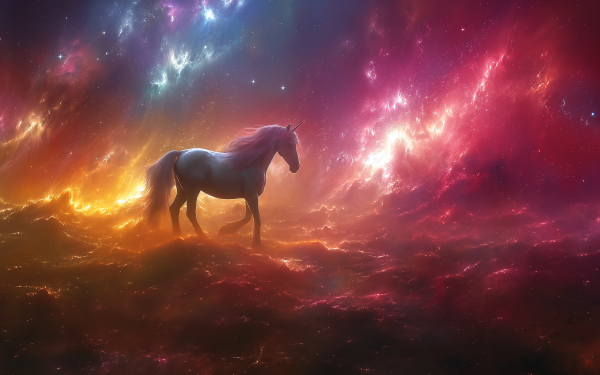 HD unicorn wallpaper with a mystical horse in a vibrant cosmic galaxy background for desktop.