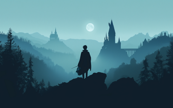 Silhouette of a wizard looking over Hogwarts Castle under a full moon, HD Harry Potter desktop wallpaper and background.