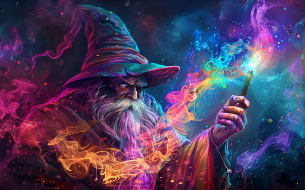 HD wallpaper of a mystical wizard casting a spell with colorful magical swirls ideal for desktop background.