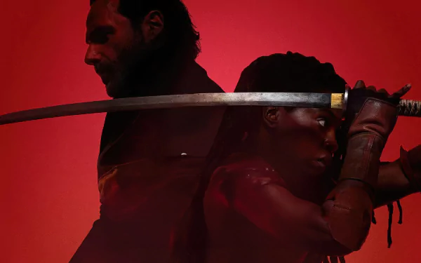 HD desktop wallpaper featuring two characters from The Walking Dead: The Ones Who Live with a dramatic red backdrop, one character holding a sword ready for action.