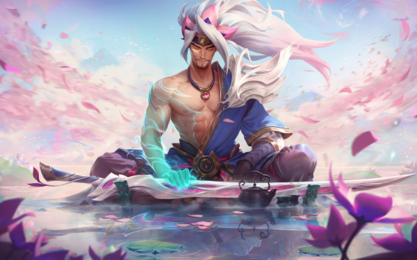 HD wallpaper of Yasuo from League of Legends meditating amidst swirling petals, reflecting tranquility and focus, ideal for desktop backgrounds.