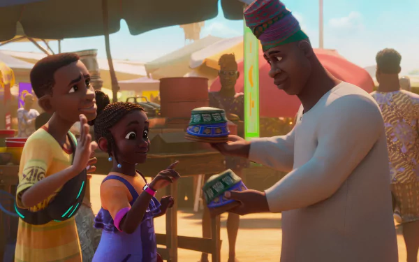 Colorful scene from the TV show Iwájú, featuring characters interacting at a market with vibrant stalls in the background, showcasing a lively atmosphere. HD wallpaper for an engaging backdrop.