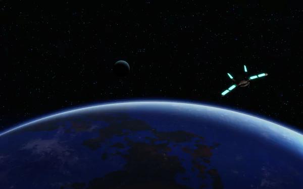 HD desktop wallpaper featuring a spaceship from the Star Wars: Dark Forces Remaster video game, soaring above a vibrant Earth against a starry space backdrop.