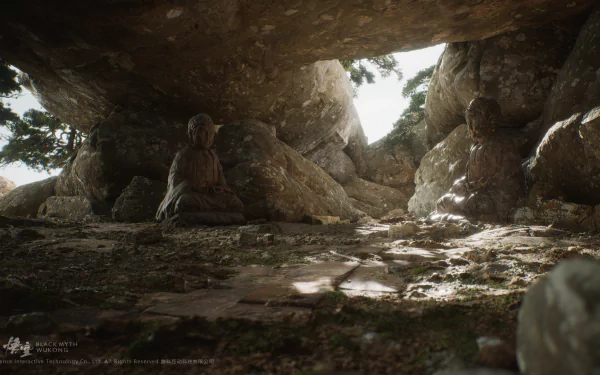 HD desktop wallpaper from the video game Black Myth: Wukong, featuring a mystical landscape with rocky terrain and a figure sitting under an overhang.