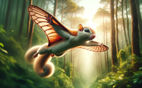 A whimsical flying squirrel glides through a lush forest, showcasing detailed wings and vibrant colors. This enchanting scene serves as a captivating HD desktop wallpaper.