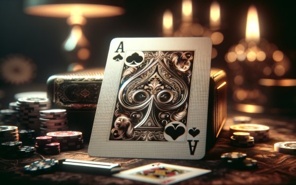 HD desktop wallpaper featuring a close-up of an Ace of Spades card with poker chips and a dimly lit ambiance, evoking a classic poker game setting.