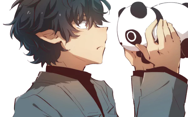 HD PC desktop wallpaper featuring Warumono-san from the anime Mr. Villain's Day Off, holding a panda mask with an intense, thoughtful expression.