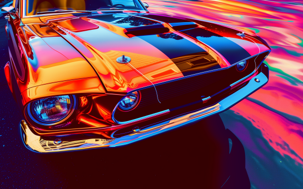 HD desktop wallpaper featuring a vibrant, artistic rendition of a classic Ford Mustang against a colorful abstract background.