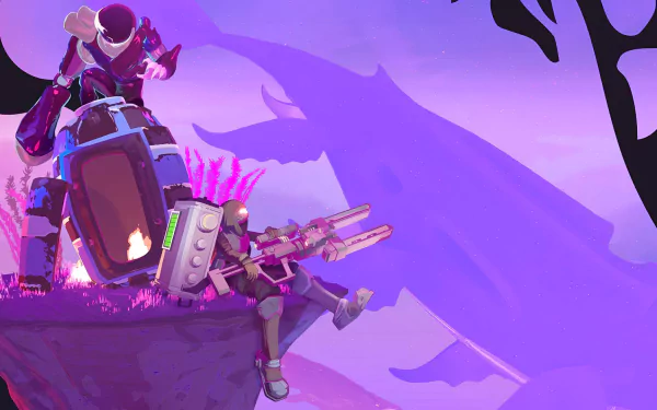 HD desktop wallpaper featuring a Risk of Rain 2 character perched on a ledge with a futuristic landscape in the background.