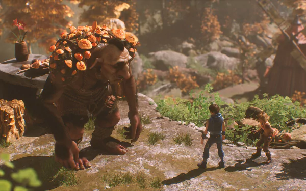 HD wallpaper of Brothers: A Tale of Two Sons Remake featuring a giant troll and two characters in a forest setting.