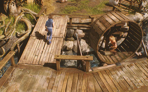 HD wallpaper of Brothers: A Tale of Two Sons Remake, featuring two characters interacting with a wooden watermill in an immersive video game environment.