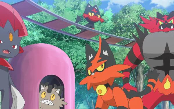 HD desktop wallpaper featuring characters from Pokémon Horizons: The Series, with animated Pokémon creatures in a vibrant forest setting.