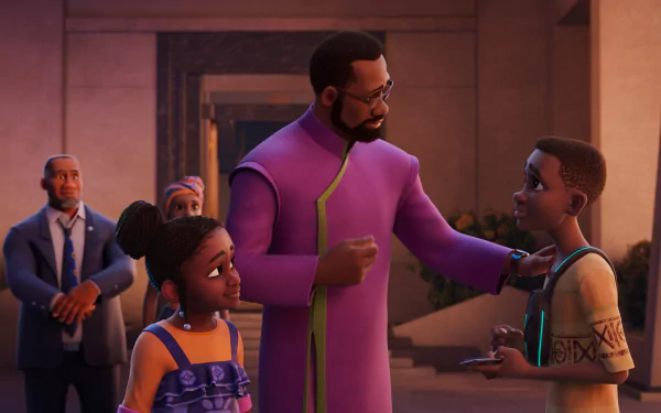 HD wallpaper of a scene from the TV show 'Iwájú' featuring animated characters interacting warmly, with a focus on family and community themes.