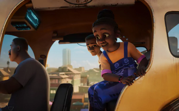 HD wallpaper featuring characters from the TV show Iwájú smiling inside a vehicle with a sunny cityscape in the background.