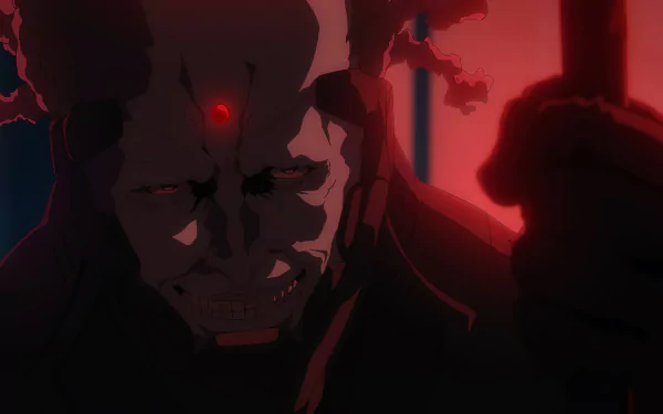 HD wallpaper of a menacing Ninja Kamui character with red glowing eyes in anime style for desktop background.