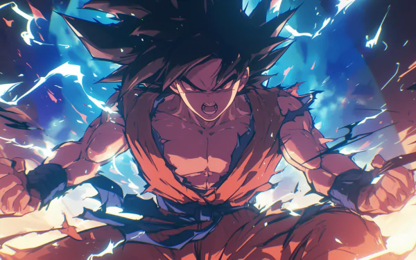 Anime HD wallpaper featuring Goku from Dragon Ball Z, captured in a moment of intense rage, surrounded by vibrant energy and dynamic effects.