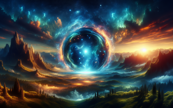 Magical fantasy portal opening in a vibrant HD wallpaper with cosmic energy and starry sky background.