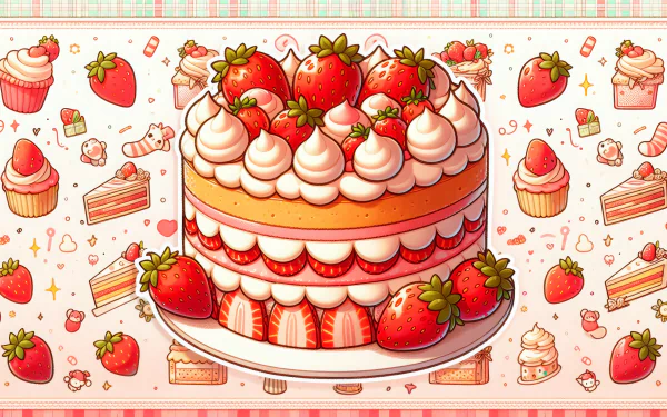HD desktop wallpaper featuring a vibrant illustration of a delicious strawberry cake with whipped cream and fresh strawberries, surrounded by sweet dessert patterns.