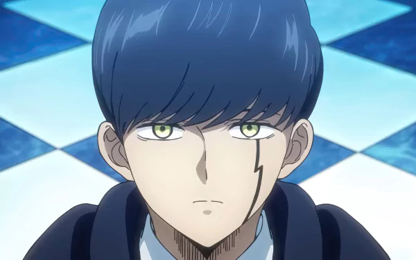 HD desktop wallpaper showcasing Mash Burnedead from the anime Mashle: Magic and Muscles, featuring a focused expression against a checkered blue background.