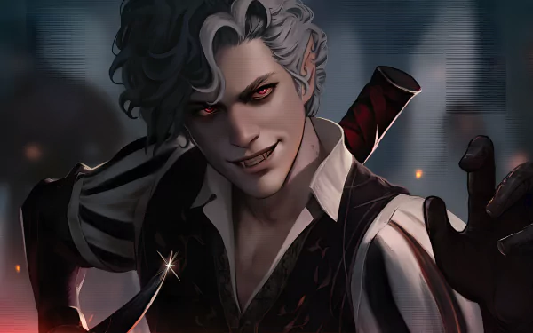 Astarion character from Baldur's Gate 3 video game depicted in an HD desktop wallpaper with dark, mysterious ambience.
