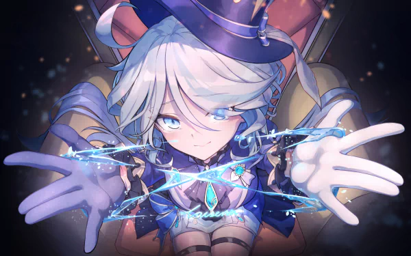 HD wallpaper featuring Furina from Genshin Impact, casting an ice spell with a confident expression.