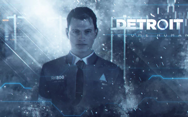 HD desktop wallpaper featuring Connor from Detroit: Become Human video game with a futuristic blue interface and game logo overlay.