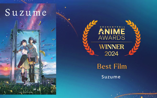HD PC desktop wallpaper featuring anime Suzume no Tojimari, showcasing its 2024 Anime Awards Best Film winner accolade against a starry blue background.