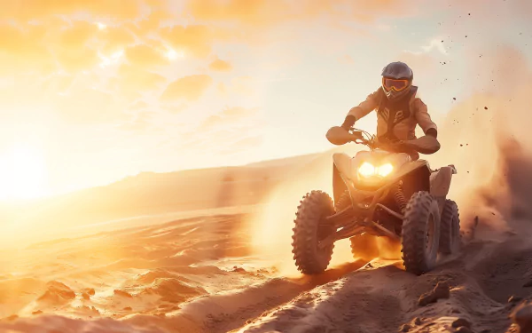 Rider on a quad bike racing through the desert at sunset, HD wallpaper and background.