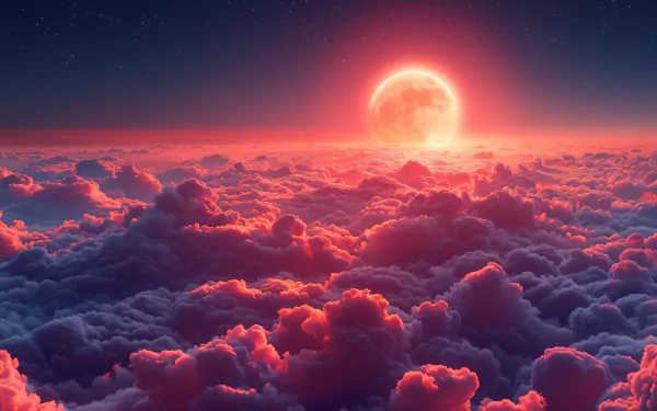 A stunning moonrise scene with a vibrant pink glow illuminating fluffy clouds, creating a serene and captivating HD desktop wallpaper background.