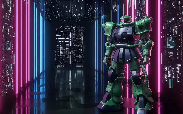 HD wallpaper featuring MS-06 Zaku II from Gundam, standing in a futuristic corridor with neon lights.