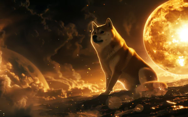 HD desktop wallpaper of a Shiba Inu dog with a stylized cosmic background featuring large moons and a nebulous sky.