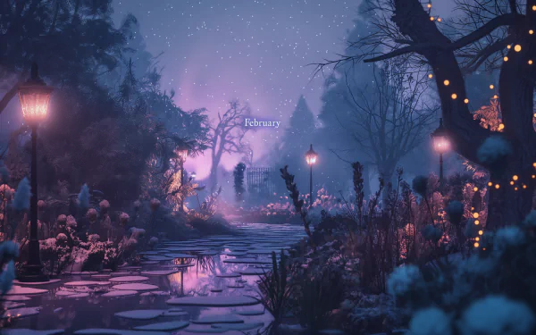 HD desktop wallpaper featuring a serene February-themed twilight park scene with glowing street lamps and snow-covered trees.