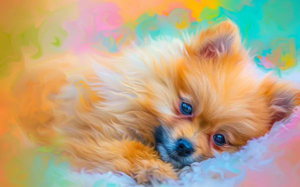 A charming Pomeranian relaxes against a dreamy, colorful background. This HD desktop wallpaper captures the dog's playful spirit and warmth beautifully.