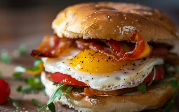 HD wallpaper of a delicious breakfast sandwich with bacon, egg, and tomato on a sesame bun.