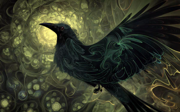 HD Wallpaper of a Black Bird with Intricate Patterns on an Abstract Golden Background